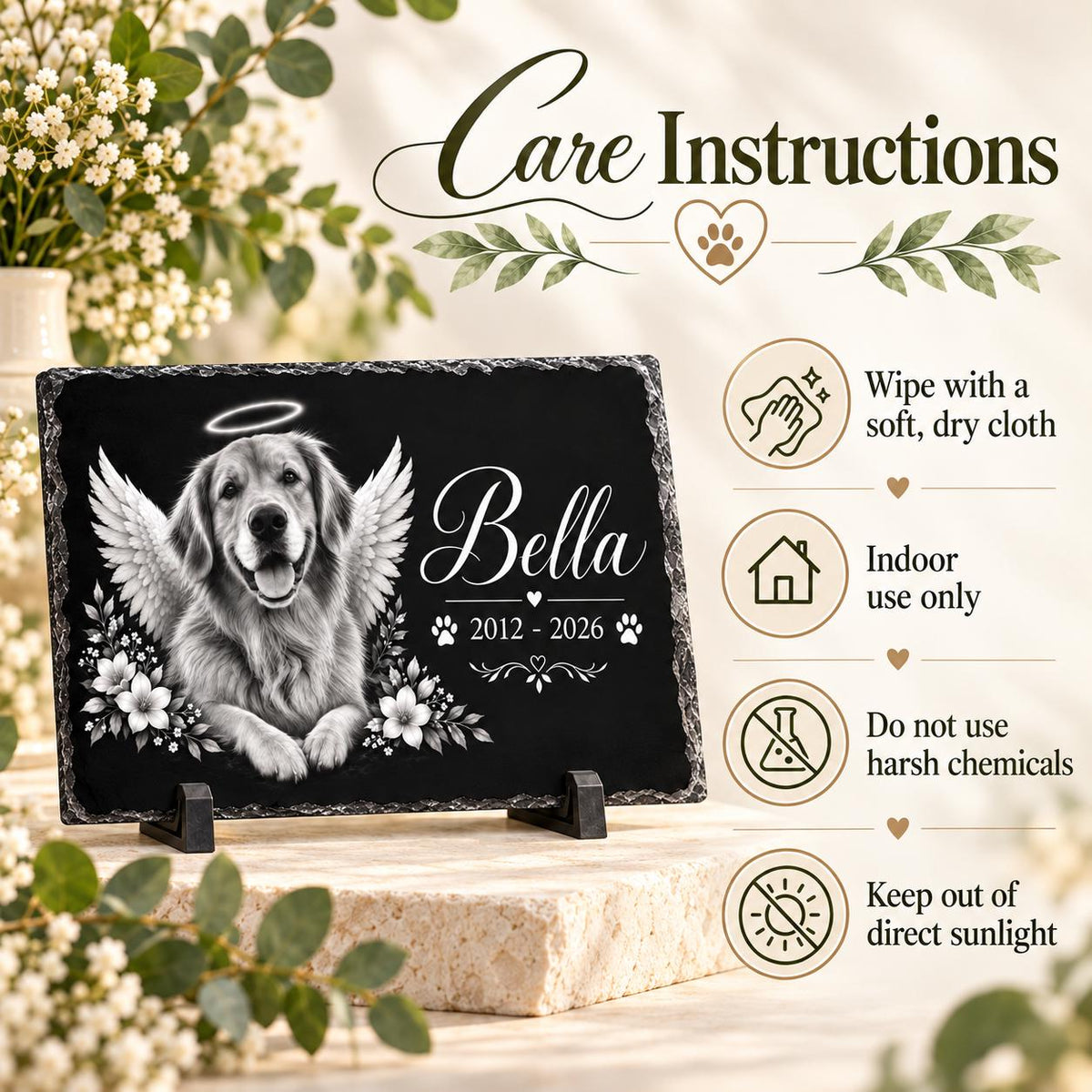 Pet memorial care instructions mockup explaining how to clean, handle, and display the personalized slate keepsake.