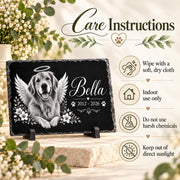 Pet memorial care instructions mockup explaining how to clean, handle, and display the personalized slate keepsake.