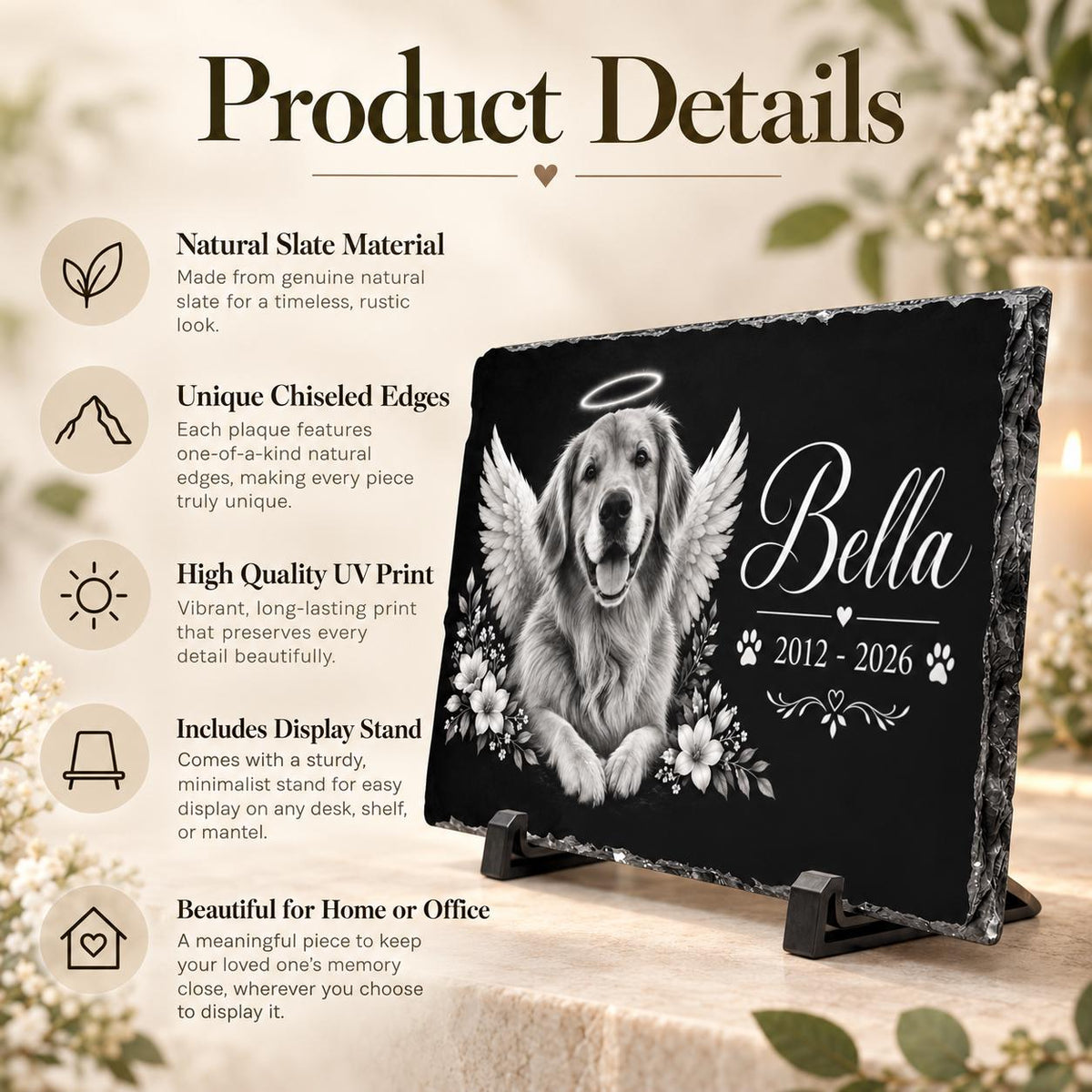Product details mockup highlighting the personalized pet memorial slate, custom photo design, decorative edge, available sizes, and display features.