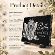 Product details mockup highlighting the personalized pet memorial slate, custom photo design, decorative edge, available sizes, and display features.