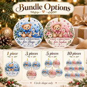 Bundle options mockup showing personalized ceramic ornaments available in sets of 1, 3, 5, or 10 pieces, circle shape only.