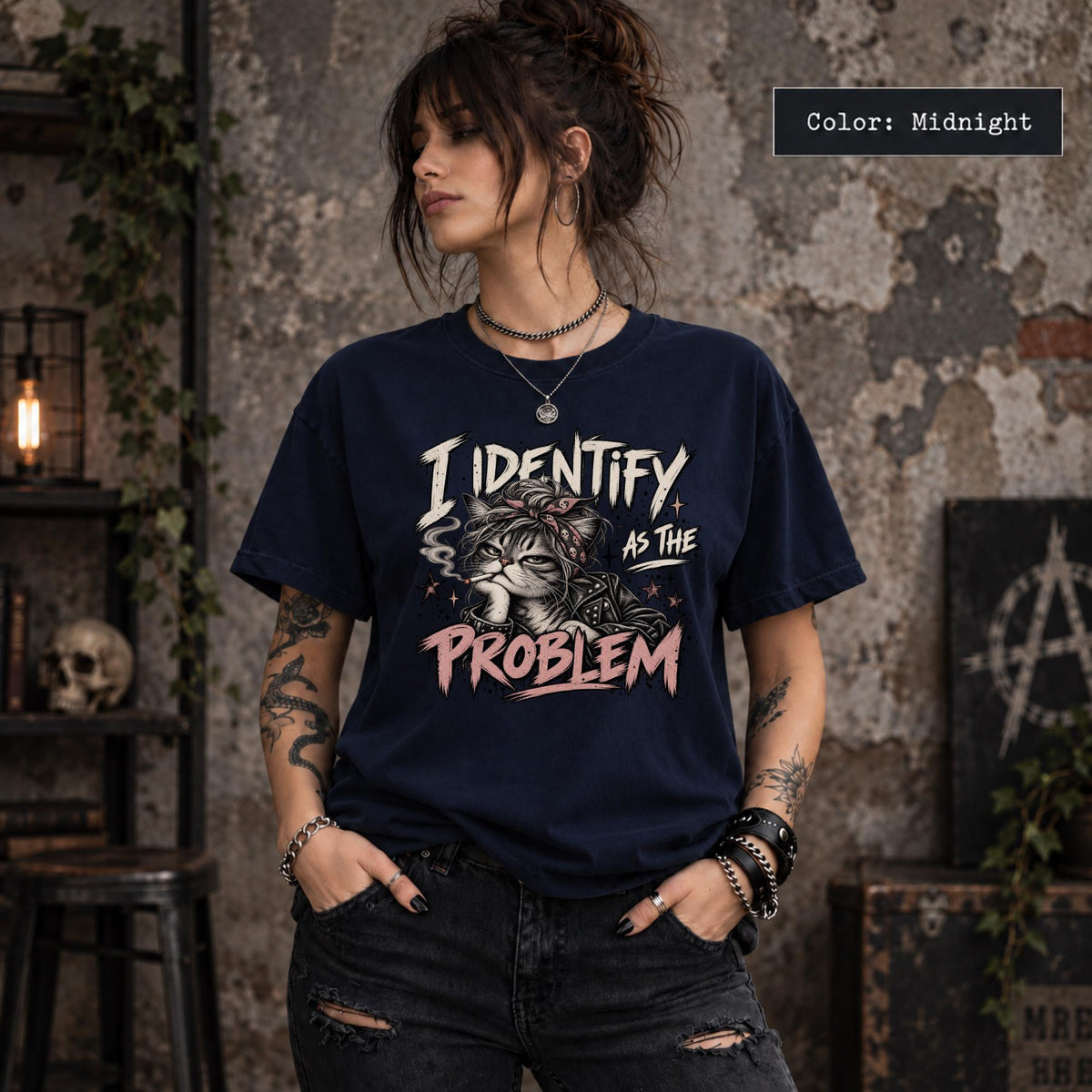 Midnight Comfort Colors tee displaying the sarcastic cat graphic with a dark grunge look and relaxed unisex fit.