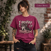 Berry Comfort Colors tee featuring the sarcastic cat design on a rich pink berry-colored garment-dyed shirt.
