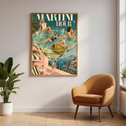 Framed Italian Riviera cocktail poster displayed above a mustard accent chair with leafy plants. The playful artwork features a surreal martini glass, retro swimwear, turquoise water, and pastel Mediterranean scenery.