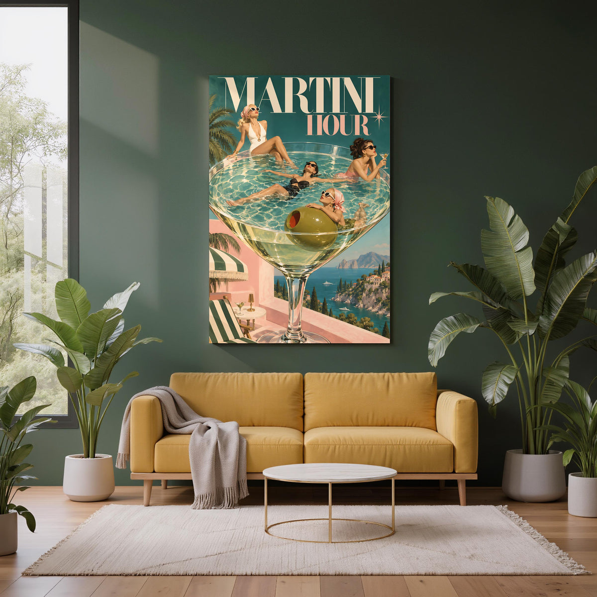 Funky maximalist wall art displayed above a mustard-yellow sofa against a dark green accent wall. The Martini Hour print features glamorous women in vintage swimwear inside a giant martini glass with an Italian coastal view.