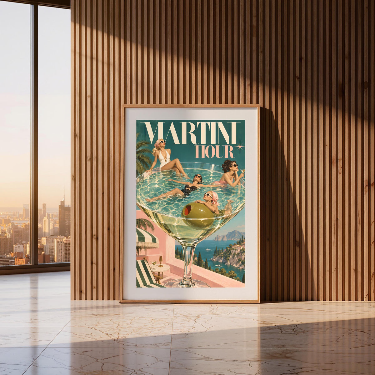 Framed vintage bar artwork resting against a vertical wooden slat wall in a warm modern interior. The playful illustration features four women wearing sunglasses, a large green olive, and a turquoise cocktail glass.