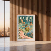Framed vintage bar artwork resting against a vertical wooden slat wall in a warm modern interior. The playful illustration features four women wearing sunglasses, a large green olive, and a turquoise cocktail glass.