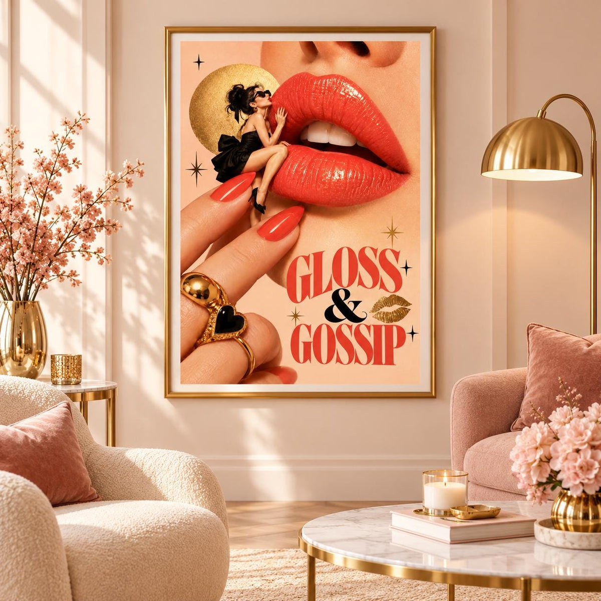 Glamorous pop art print displayed in a gold frame above a neutral sofa and marble coffee table. Soft pink flowers, warm lighting, and elegant furnishings complement the peach and coral colours of the Gloss and Gossip artwork.