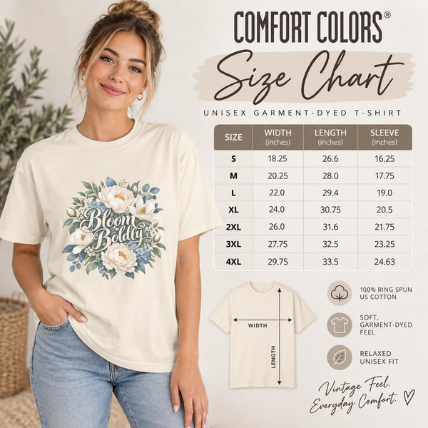 Comfort Colors size chart showing unisex shirt measurements, fit guidance, garment details, and model reference for the floral graphic tee.