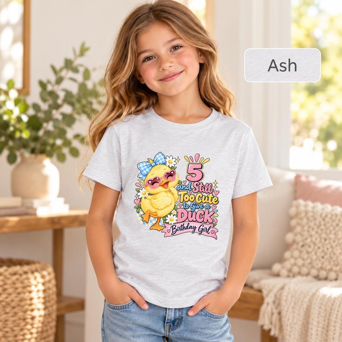 Ash Bella+Canvas 3001Y shirt displaying the colorful duck birthday graphic for a playful kids’ party outfit.
