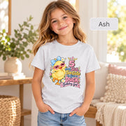 Ash Bella+Canvas 3001Y shirt displaying the colorful duck birthday graphic for a playful kids’ party outfit.