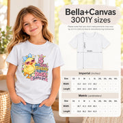 Bella+Canvas 3001Y size chart showing youth shirt measurements, fit information, and sizing guidance for the birthday duck tee.