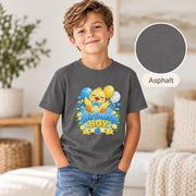 Asphalt youth tee displaying the cheerful duck birthday graphic with bright blue and yellow party details.