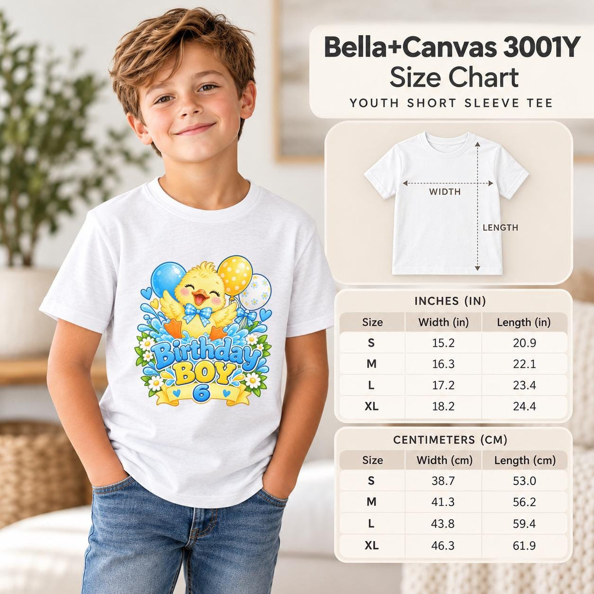 Bella+Canvas 3001Y size chart showing youth measurements, fit guidance, and sizing information for the personalized birthday shirt.