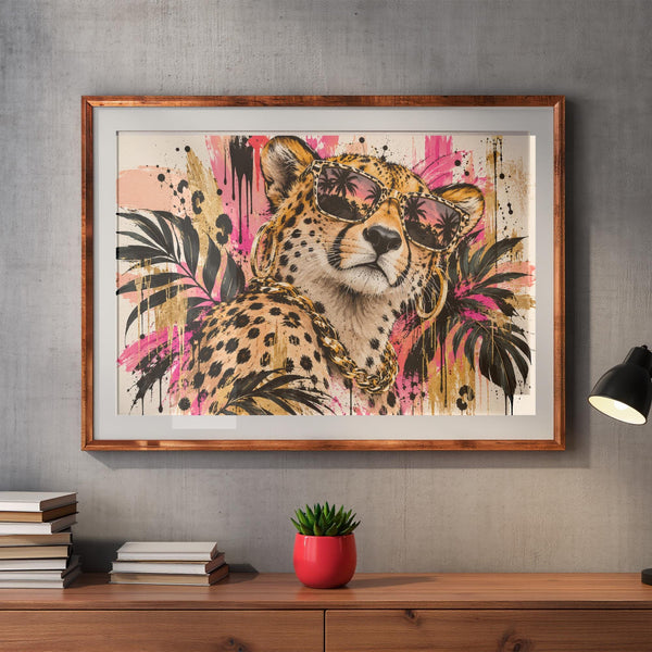 Framed printable leopard art displayed on a wooden console with books and a small plant in a cozy interior.