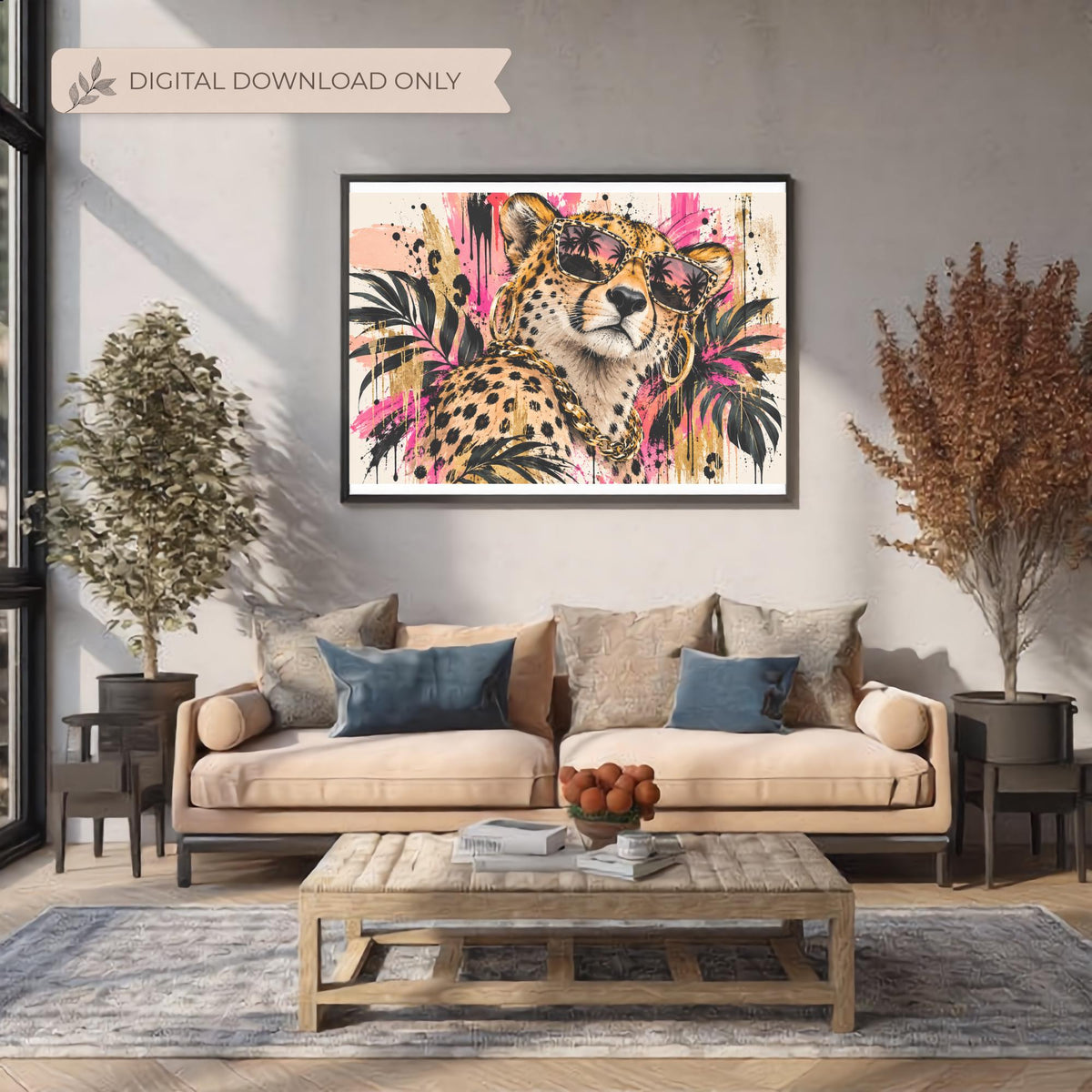 Framed leopard wall art styled above a beige sofa in a warm neutral living room with plants and soft decor.