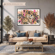 Framed leopard wall art styled above a beige sofa in a warm neutral living room with plants and soft decor.