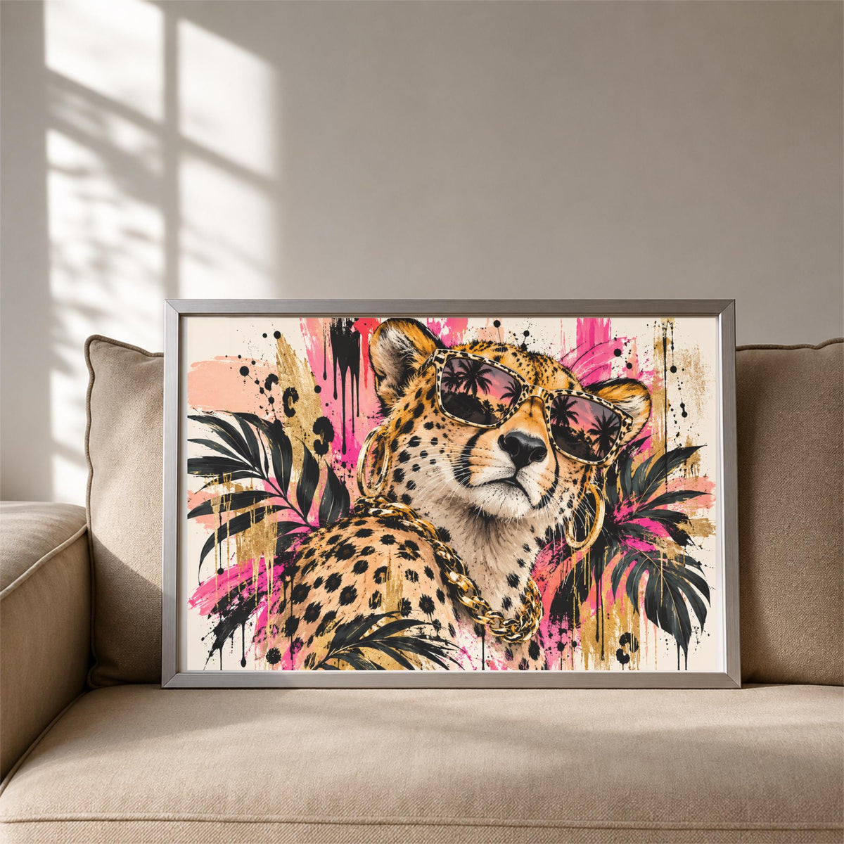 Colorful leopard printable artwork shown in a light wood frame leaning against a wall in a bright minimalist room.