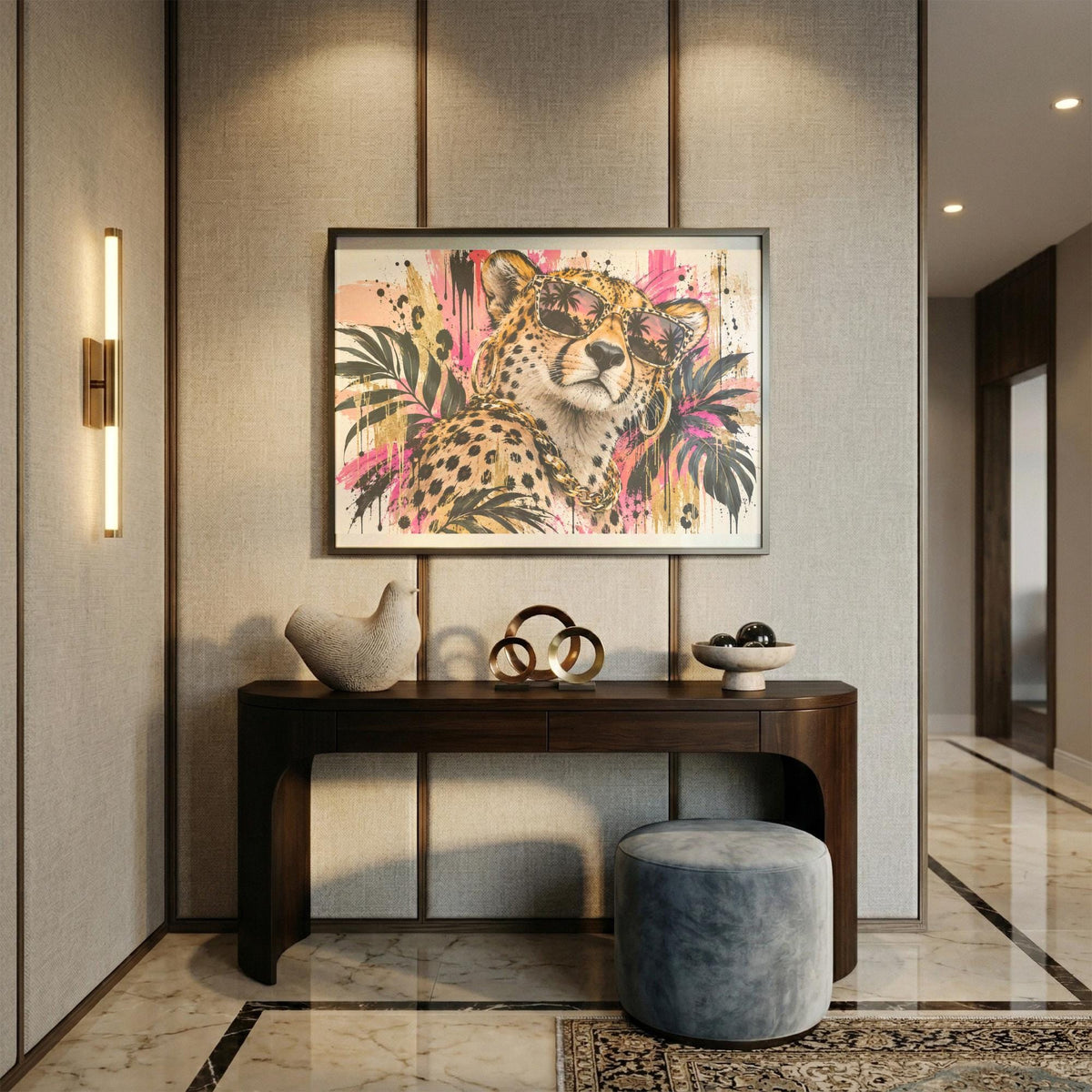 Digital leopard wall art displayed in a black frame above a console table in a modern neutral entryway.