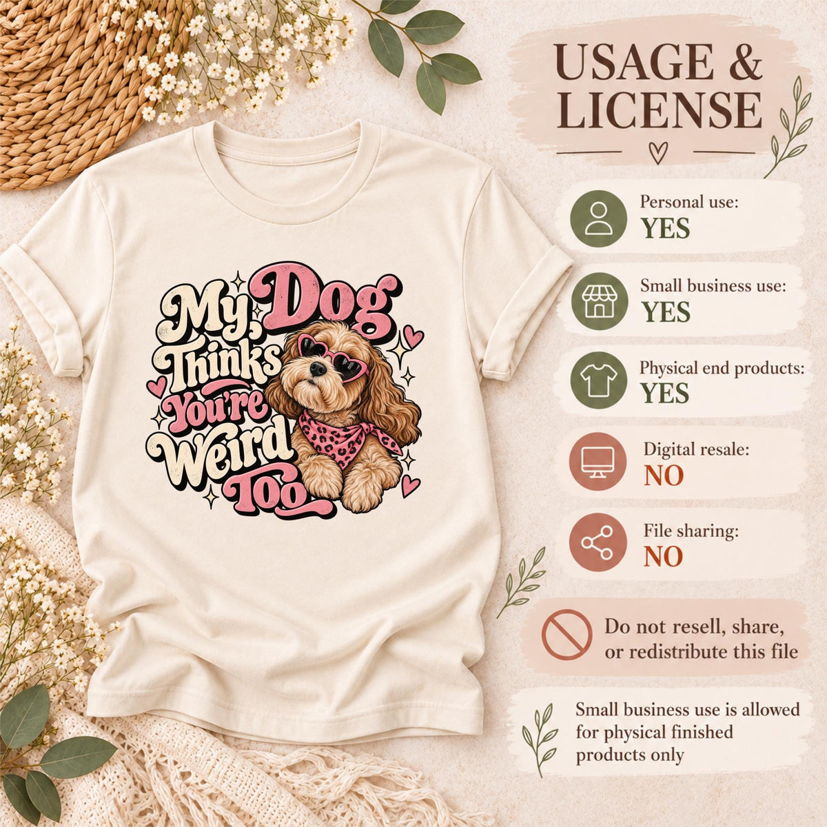 Personal and small-business usage license graphic showing the dog PNG design, permitted physical product use, and restrictions on digital file resale and sharing.