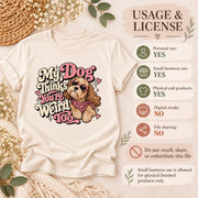 Personal and small-business usage license graphic showing the dog PNG design, permitted physical product use, and restrictions on digital file resale and sharing.