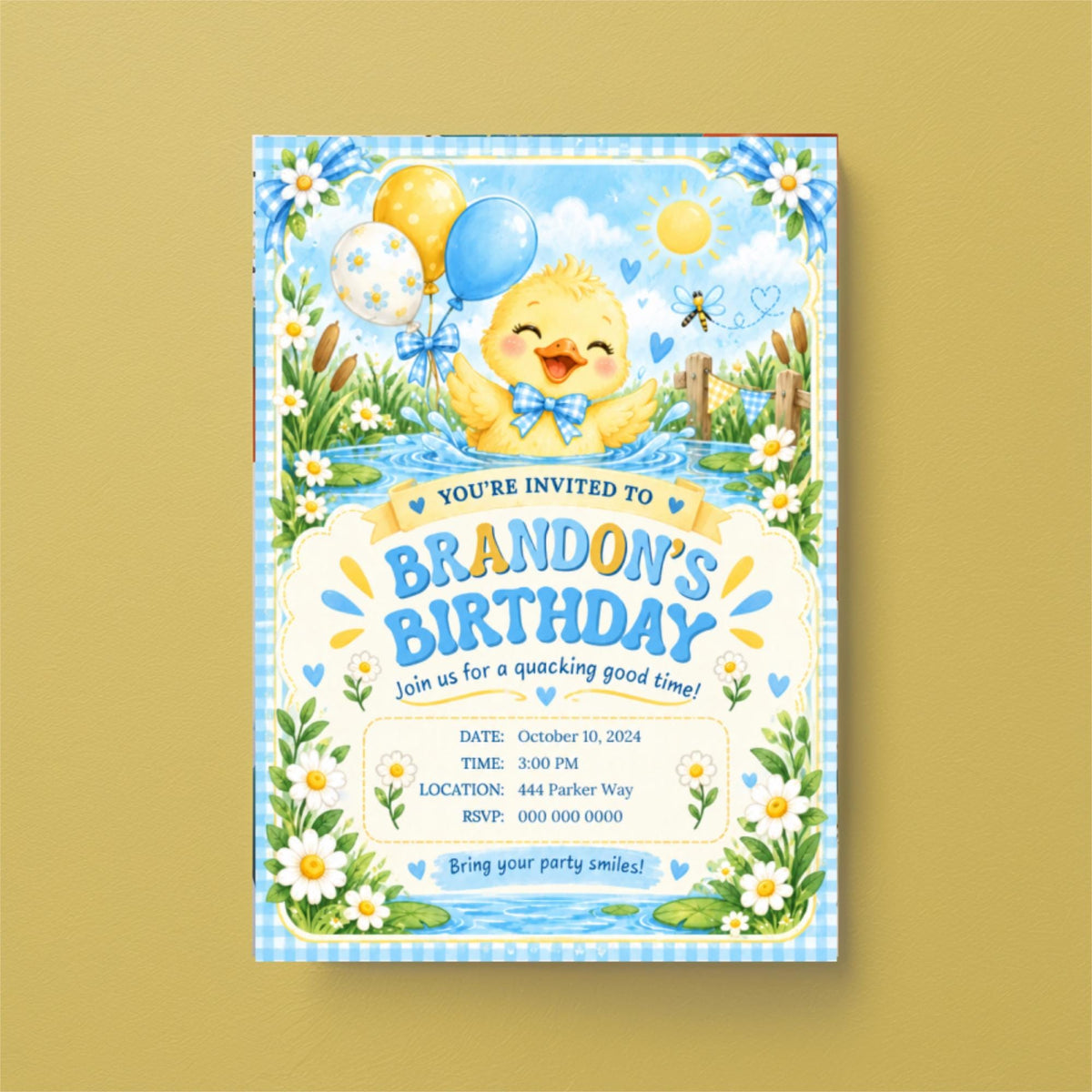 Printable Birthday Boy Duck invitation displayed on a mustard yellow background, featuring a cheerful baby duckling, blue birthday lettering, and playful party illustrations.