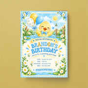 Printable Birthday Boy Duck invitation displayed on a mustard yellow background, featuring a cheerful baby duckling, blue birthday lettering, and playful party illustrations.