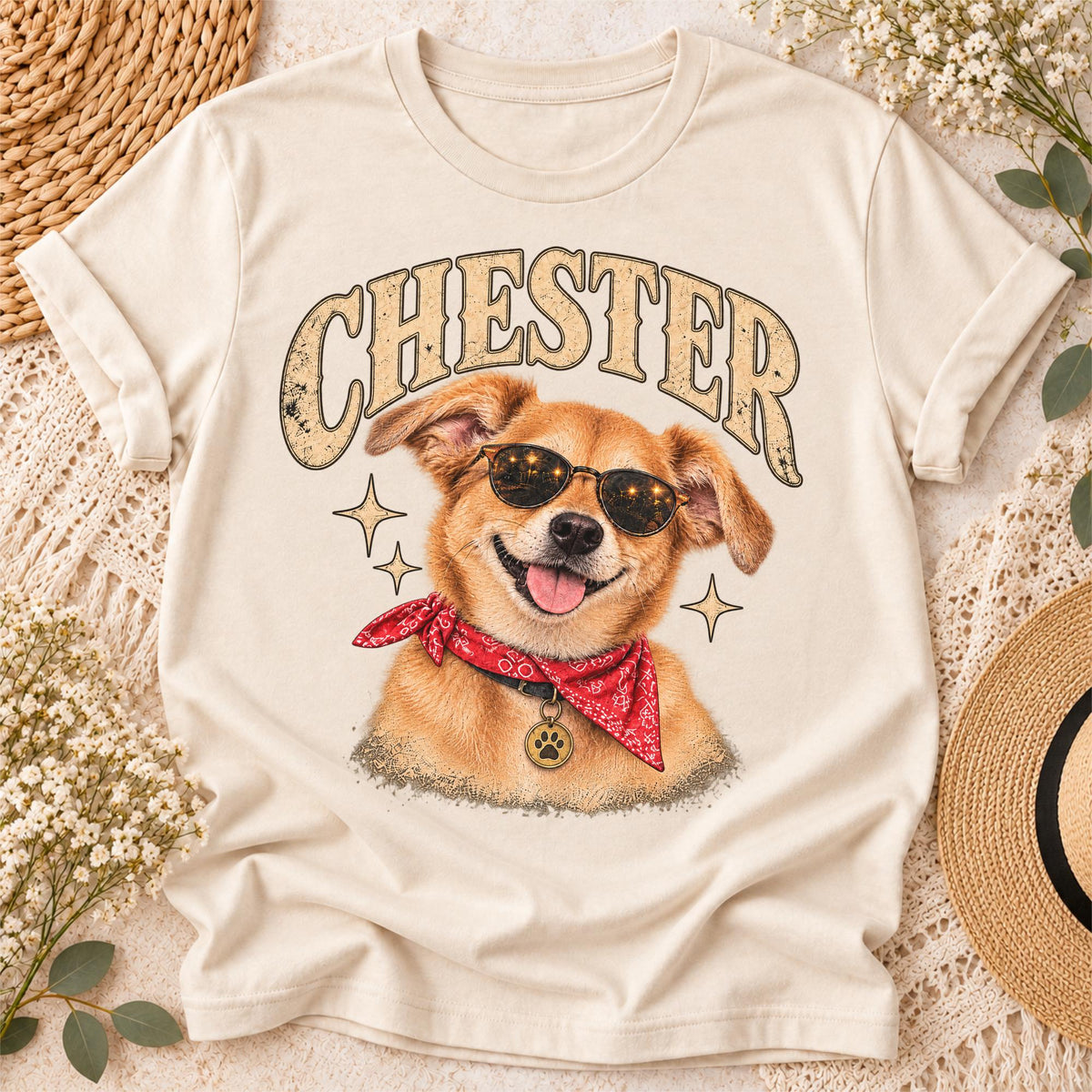 Ivory T-shirt mockup featuring Chester custom dog portrait artwork with a golden dog wearing sunglasses and a red bandana, displayed on a neutral background with flowers and woven accessories.
