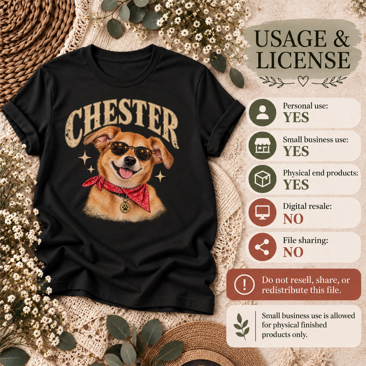 Personalized Chester dog portrait PNG displayed on a black T-shirt beside digital download and licensing information, featuring a golden dog wearing sunglasses and a red bandana in a vintage distressed style.