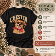 Personalized Chester dog portrait PNG displayed on a black T-shirt beside digital download and licensing information, featuring a golden dog wearing sunglasses and a red bandana in a vintage distressed style.