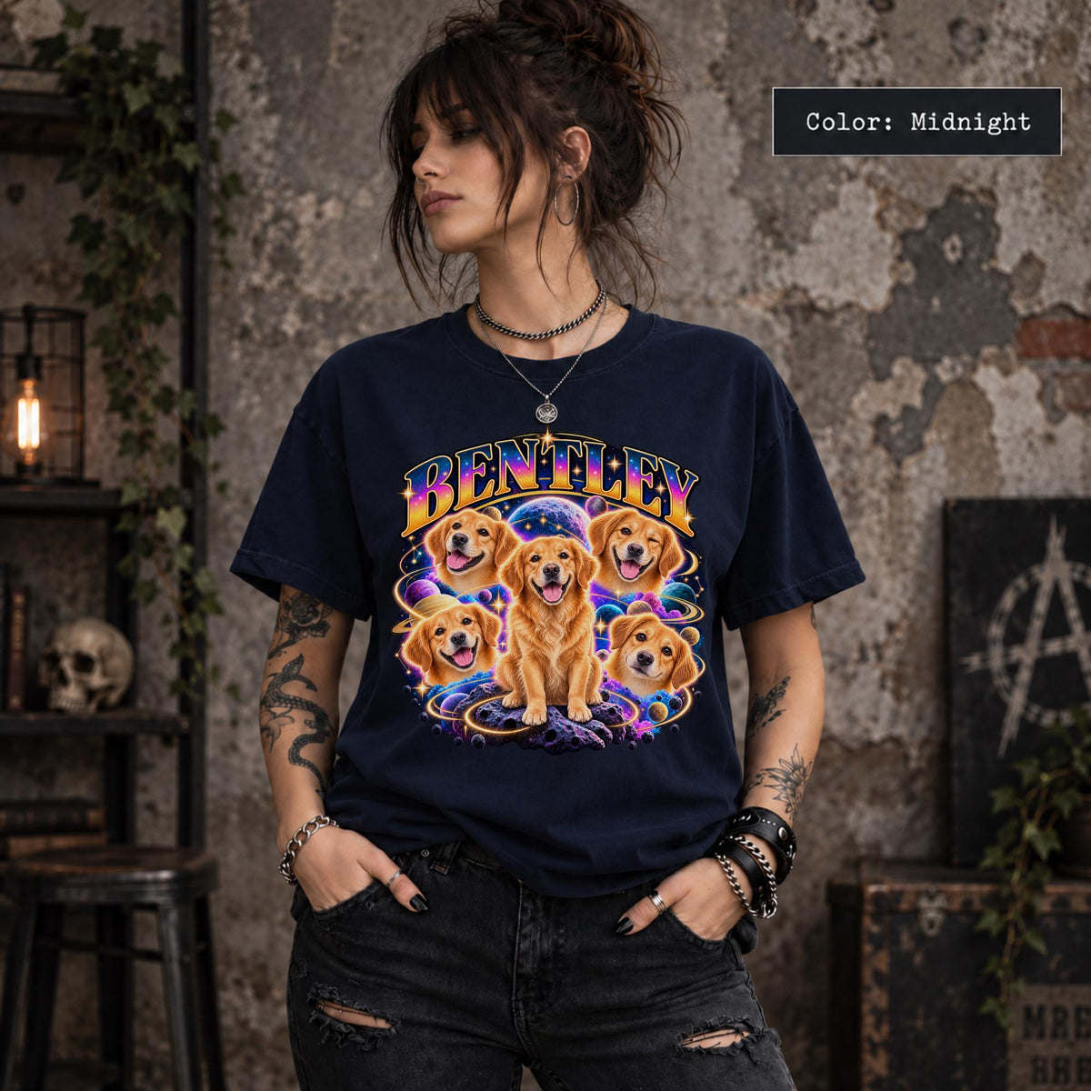 Model wearing a Midnight personalized dog photo shirt featuring Bentley's name above colorful galaxy-themed pet artwork, stars and planetary details.