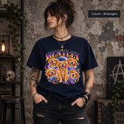 Model wearing a Midnight personalized dog photo shirt featuring Bentley's name above colorful galaxy-themed pet artwork, stars and planetary details.