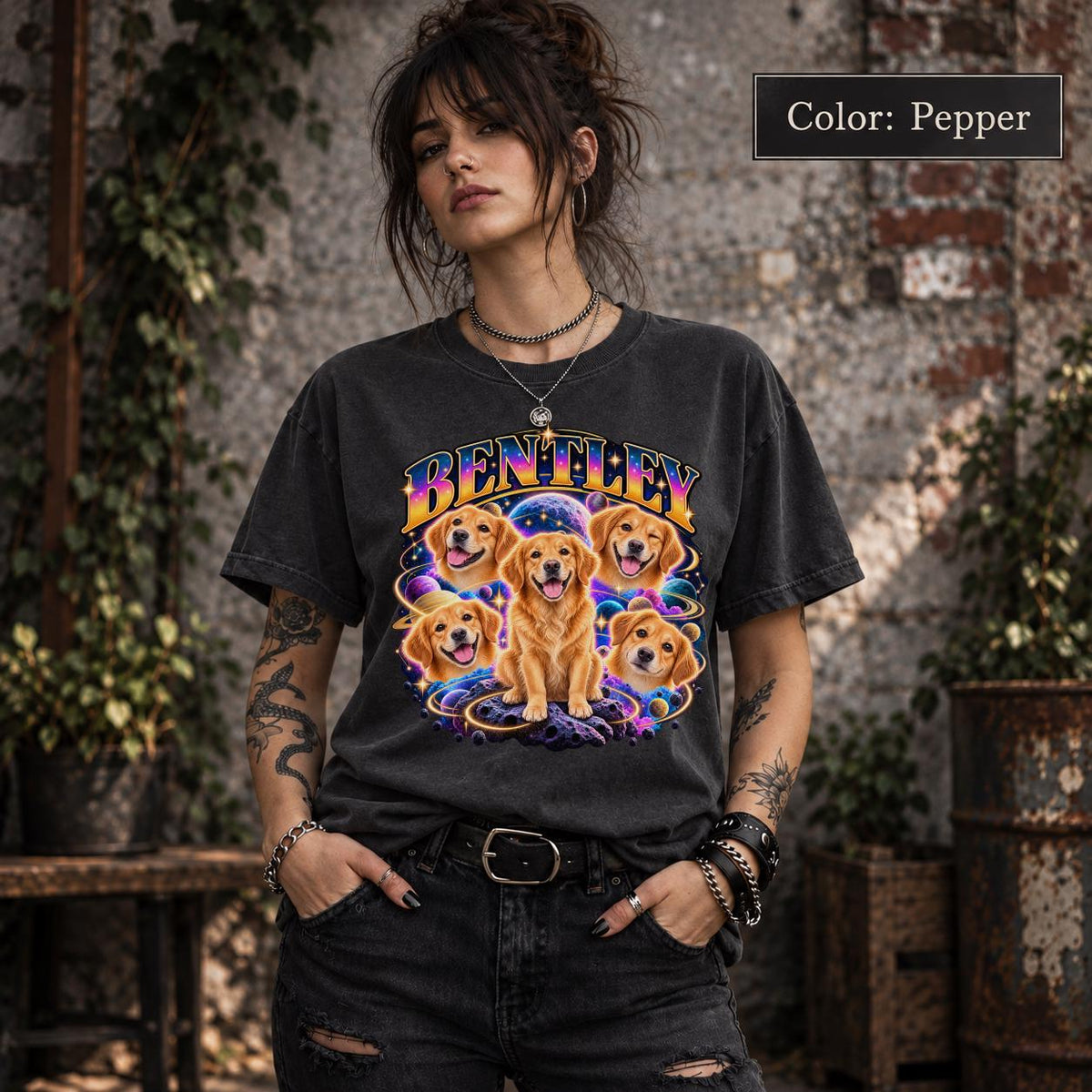 Lifestyle mockup of a woman wearing a dark personalized Bentley dog T-shirt with bright cosmic artwork and vintage-style pet name lettering.