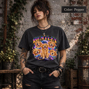 Lifestyle mockup of a woman wearing a dark personalized Bentley dog T-shirt with bright cosmic artwork and vintage-style pet name lettering.