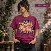 Lifestyle mockup of a woman wearing a dark personalized Bentley dog T-shirt with bright cosmic artwork and vintage-style pet name lettering.