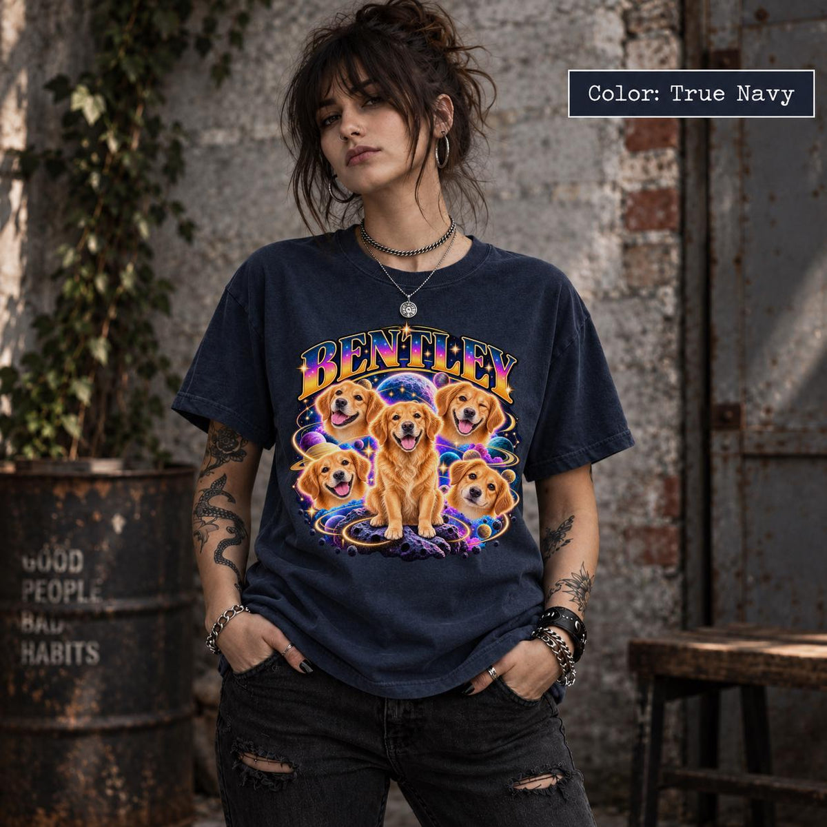 Woman modeling a true navy custom dog photo tee featuring Bentley's cosmic portrait, bright stars, planets and retro-inspired personalized typography.