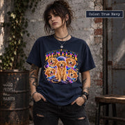 Woman modeling a true navy custom dog photo tee featuring Bentley's cosmic portrait, bright stars, planets and retro-inspired personalized typography.