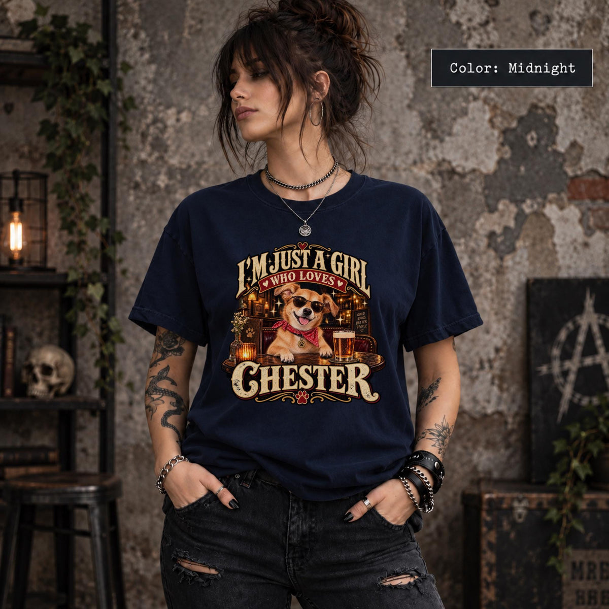Woman modeling a dark midnight blue personalized pet T-shirt featuring Chester's illustrated portrait, red bandana, sunglasses and retro pub-inspired design.
