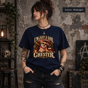 Woman modeling a dark midnight blue personalized pet T-shirt featuring Chester's illustrated portrait, red bandana, sunglasses and retro pub-inspired design.