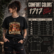 Comfort Colors 1717 unisex T-shirt sizing guide displayed beside a model wearing the personalized Chester vintage dog portrait shirt, showing measurements to help customers choose their fit.