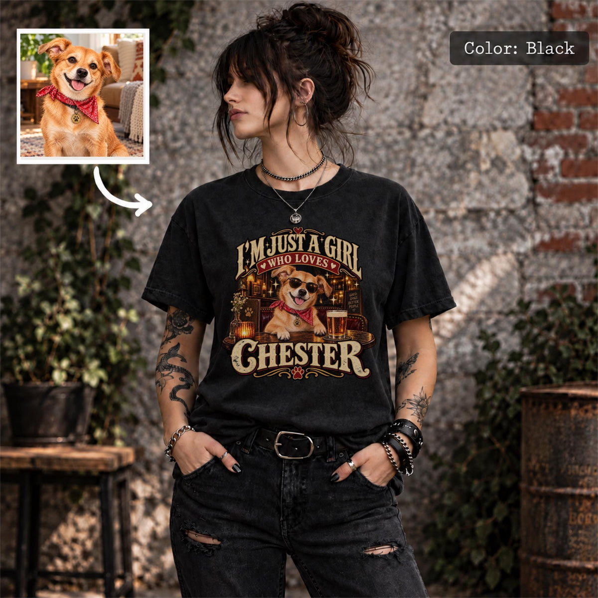 Woman wearing a black Comfort Colors 1717 T-shirt featuring a personalized Chester dog portrait with vintage pub artwork, distressed cream lettering, sunglasses and a red bandana, alongside the original dog photo.