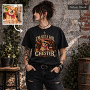 Woman wearing a black Comfort Colors 1717 T-shirt featuring a personalized Chester dog portrait with vintage pub artwork, distressed cream lettering, sunglasses and a red bandana, alongside the original dog photo.