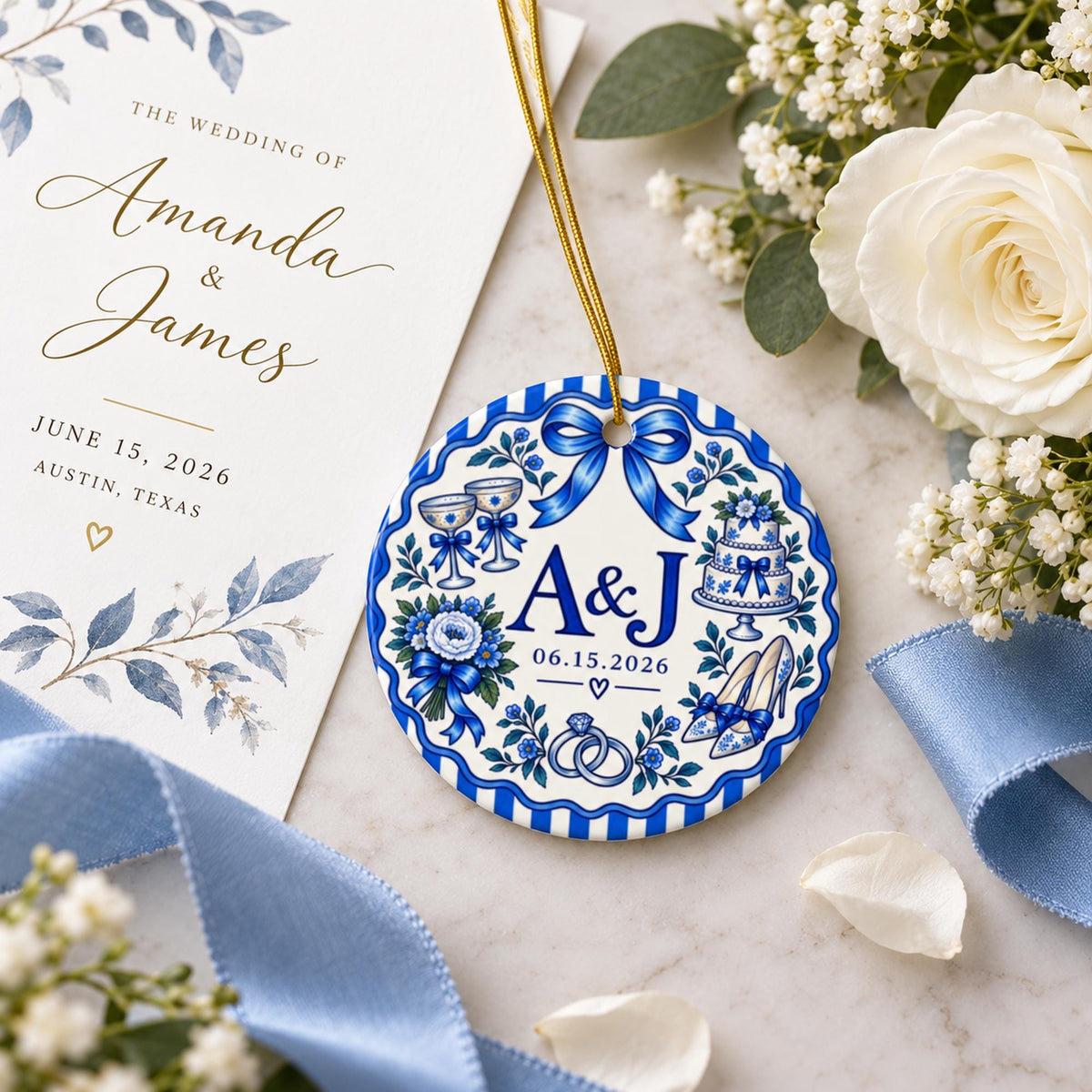 Personalized blue porcelain ceramic wedding ornament with A and J initials, wedding date, bridal bouquet, cake and rings, displayed beside wedding stationery, white roses and blue ribbon.