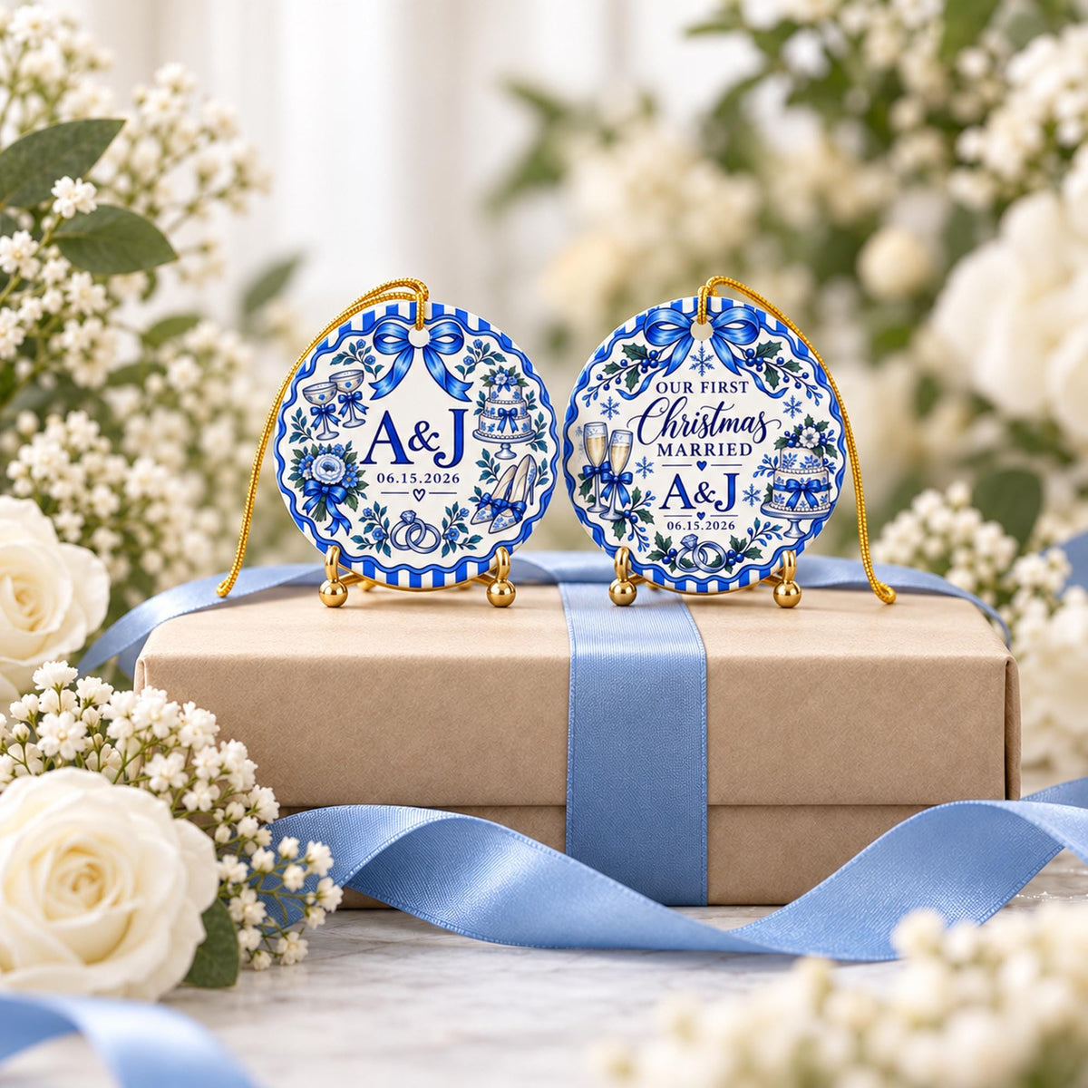 Two personalized blue porcelain-style wedding ornaments displayed on an elegant wrapped gift box with pale blue ribbon, white roses and delicate flowers, showcasing both design options.