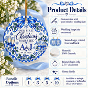 First Christmas Married ceramic ornament information mockup featuring blue and white floral artwork, personalized initials, double-sided printing, 2.75-inch diameter and available bundle quantities.