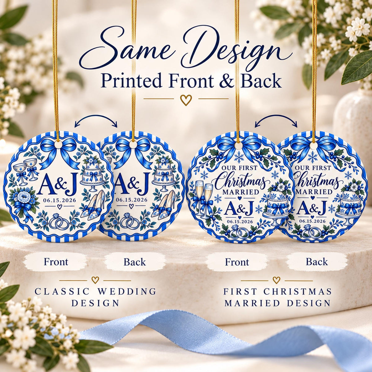 Blue and white personalized wedding ornament comparison showing Classic Wedding and First Christmas Married designs, with matching artwork printed on both sides of each ceramic ornament.