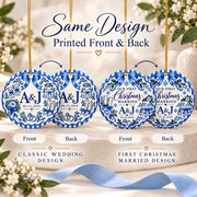 Blue and white personalized wedding ornament comparison showing Classic Wedding and First Christmas Married designs, with matching artwork printed on both sides of each ceramic ornament.