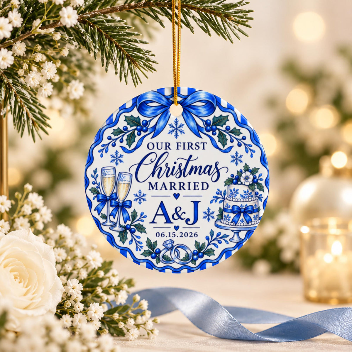 Personalized First Christmas Married ornament hanging from a Christmas tree with warm glowing lights, featuring vintage blue porcelain artwork, initials, snowflakes and wedding details.