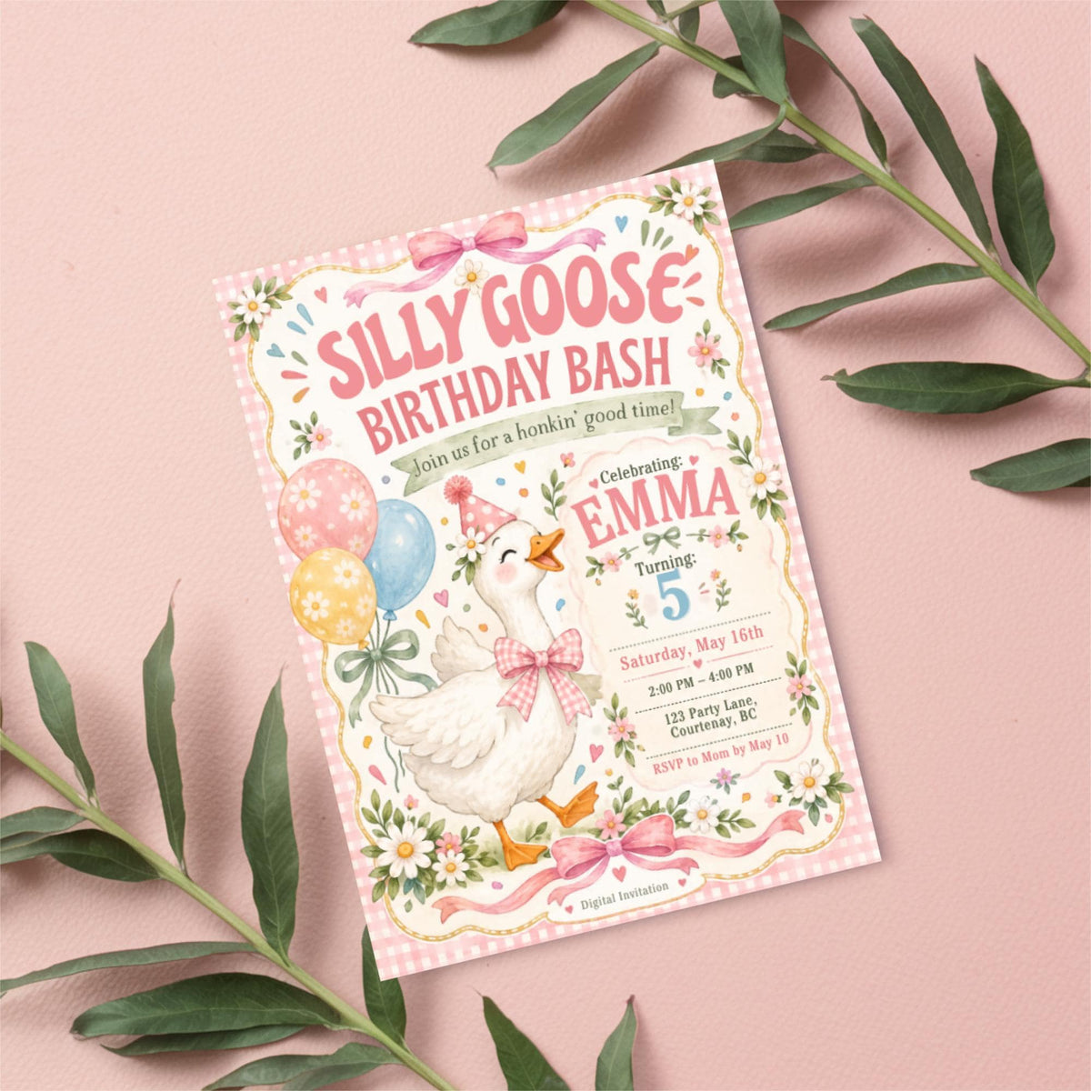 Silly Goose birthday party invitation displayed on a soft pink background with botanical accents, featuring pastel floral artwork, gingham ribbons and a cheerful goose illustration.