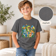 Smiling young boy wearing an asphalt gray dinosaur birthday T-shirt featuring three cheerful dinosaurs, colorful balloons, party hats and bold Birthday Boy lettering in a cozy neutral living room.